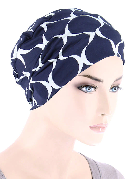 Chemo Cloche Cap in Navy White Oval Geometric