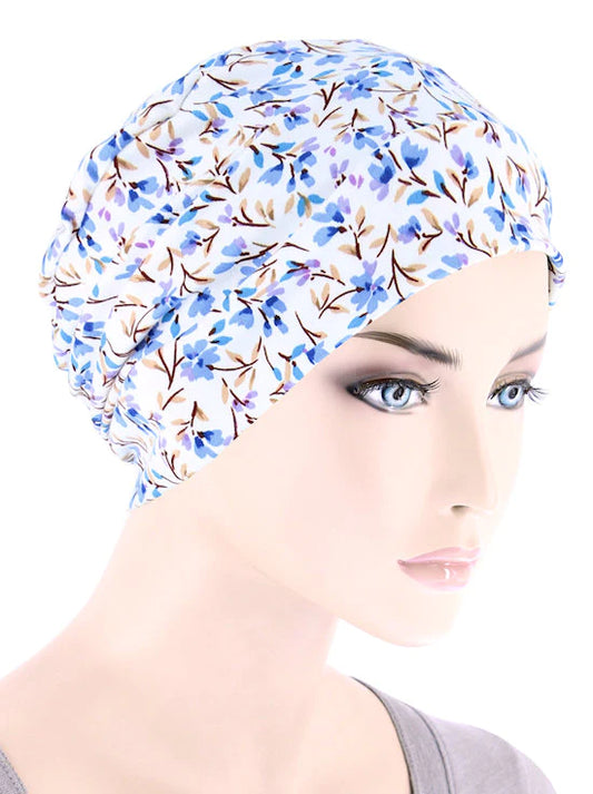 Chemo Cloche Cap in Ivory Periwinkle Blue Petite