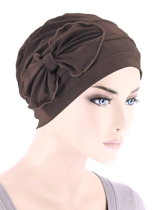 Brown Jersey Pleated Bow Cap