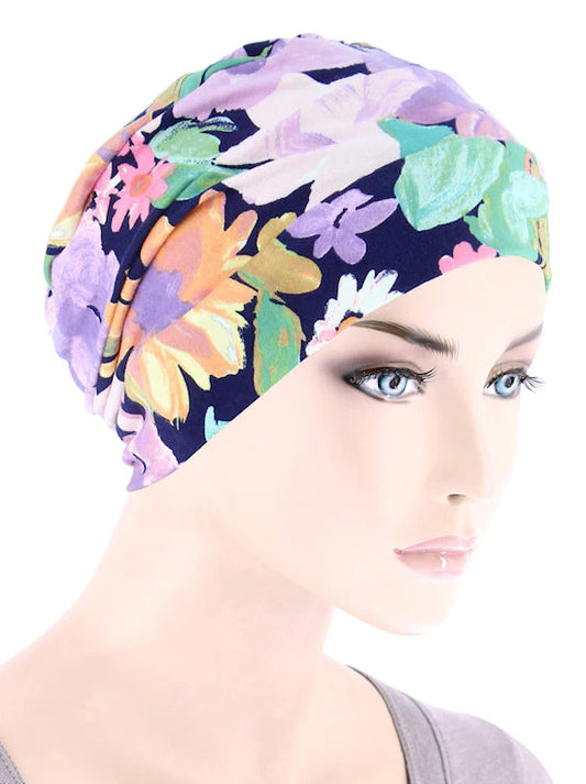 Navy Lilac Bold Floral Chemo Cloche Cap